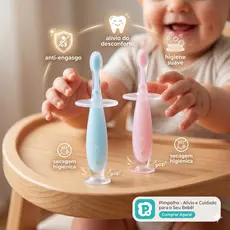 Mordedor Massageador Gengiva com Ventosa Cerdas de Silicone Higienizar Bebê Infantil Rosa ou Azul Unissex