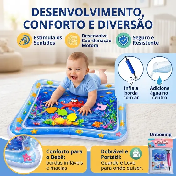 Tapete Infantil de Água Inflável para Bebê Sensorial Coordenação Motora Brinquedo Educativo