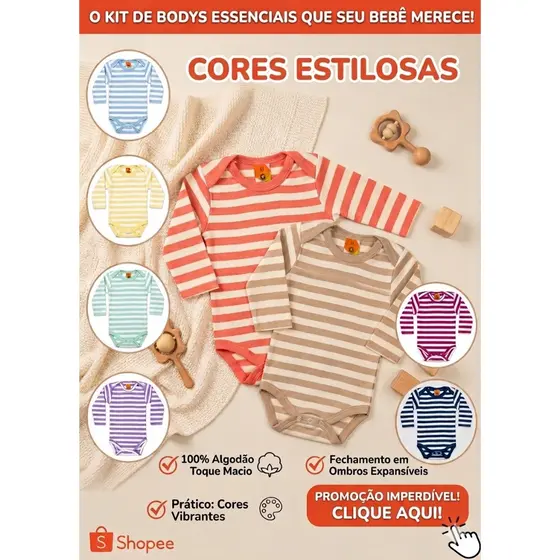 Body Manga Longa Bebê Listrado Algodão Infantil Diversas Cores