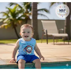 Conjunto Bebê Infantil Menino Regata com Estampa e Bermuda ReiRex Azul Tubarão