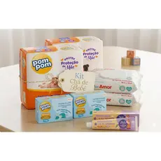 Kit Chá Fralda Bebê 2 Pacotes de Fraldas Pompom 2 Lenço Umedecido 2 Sabonetes 1 Pomada Assaduras Presente