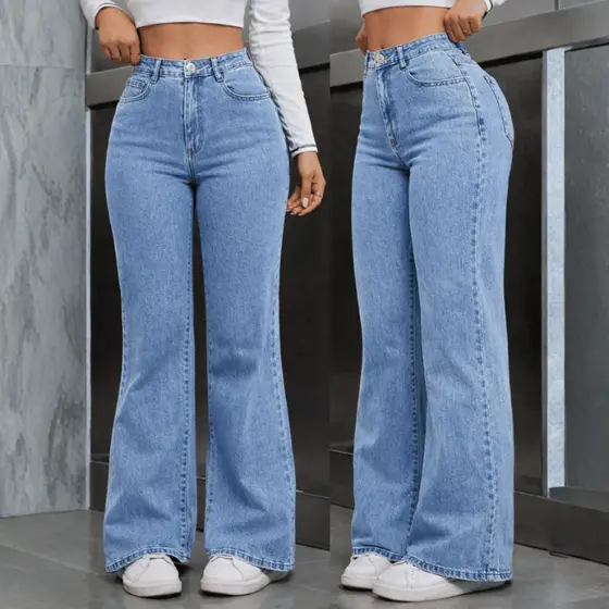 Calça Jeans Wide Leg Feminina Cintura Alta Pantalona Lavagem Clara Premium