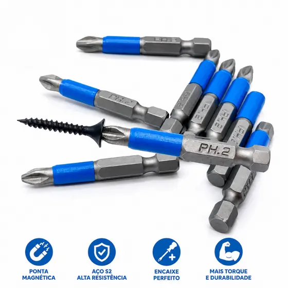 Jogo de Bits de Chave Phillips Magnético Impacto - 6 Peças PH1-PH3, PZ1-PZ3 - Anti-Derrapante Original