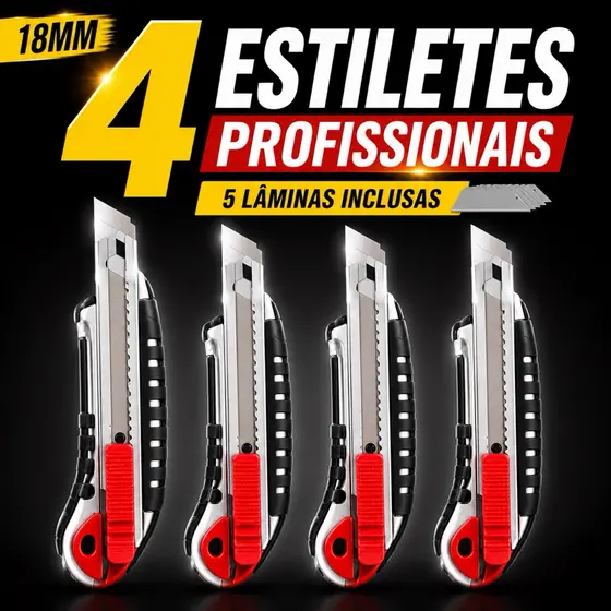 Estilete Profissional 18mm Com 5 Lâminas Reforçado Emborrachado Retrátil Trava Segurança
