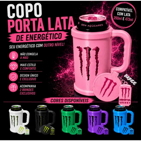 Porta Lata Monster Copo Monster Caneca Energético 350ml 473ml com Tampa Chaveiro Abridor