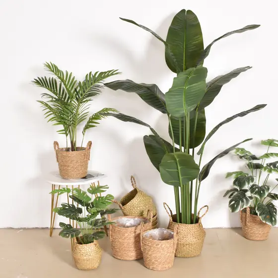 Nordic simples dobrável algas tecido cesta de flores artesanal portátil Rattan cesta armazenamento simulação planta verd