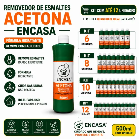 Acetona Removedora de Esmaltes 500ml Profissional Alto Rendimento Kit até 12 Uni Manicure Encasa