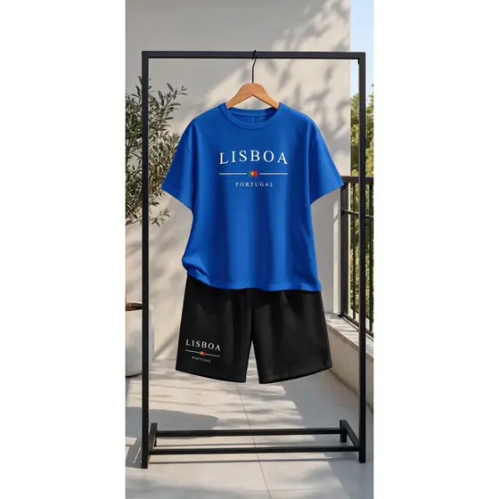 Conjunto Masculino Lisboa Portugal Premium 100% Algodão Camiseta e Bermuda Casual Verão Streetwear