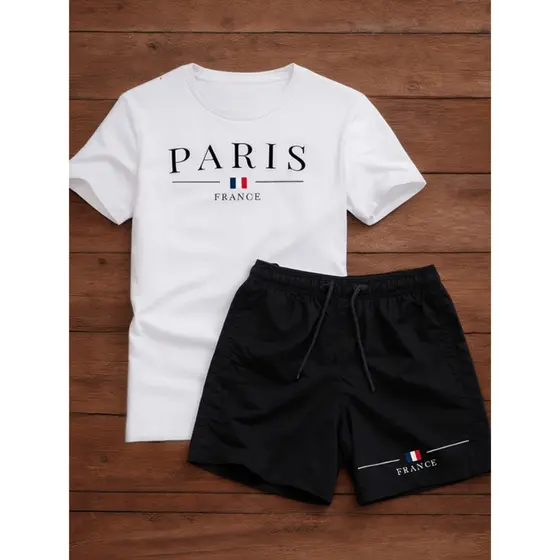 Kit Infantil Masculino Paris França Camiseta  + Bermuda  Kit Roupa Infantil Verão Confortável