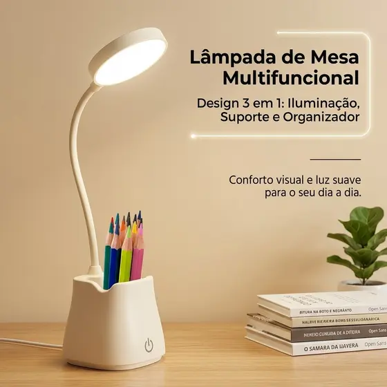 Lâmpada Mesa LED: 3 Cores, USB, Antirreflexo, Proteção Olhos, Ideal para Estudo e Trabalho