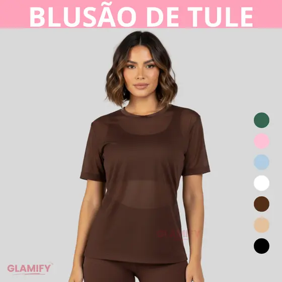 Blusa feminina Transparente de Tule Camisetão de Academia e Treino Manga Curta Fitness do P ao GG