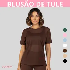 Blusa feminina Transparente de Tule Camisetão de Academia e Treino Manga Curta Fitness do P ao GG