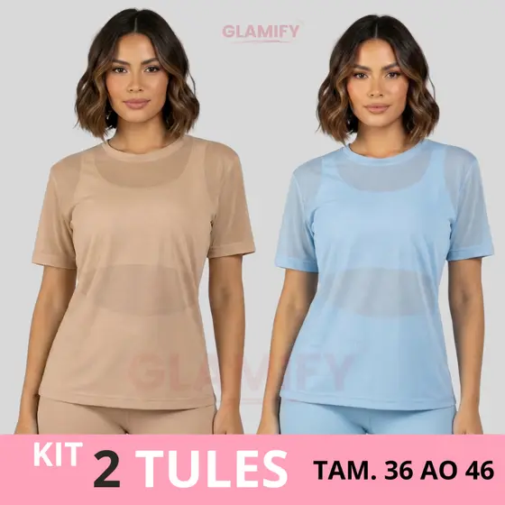 Kit 2 Blusa Feminina Transparente de Tule Academia Manga Curta Treino Blusão Basico Moda Fitness