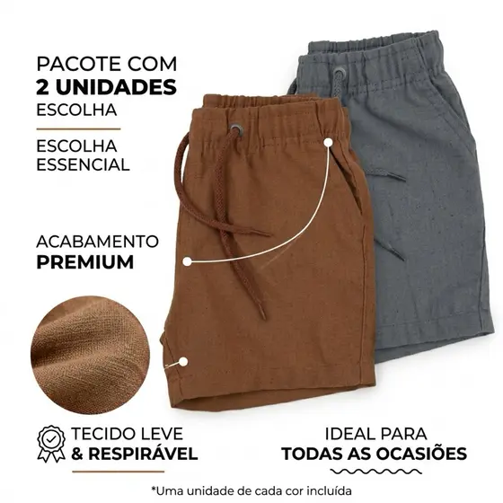 Kit 2 Shorts Linho Infantil Masculino Fresco e Confortável Tam 02 ao 14 Cores Variadas