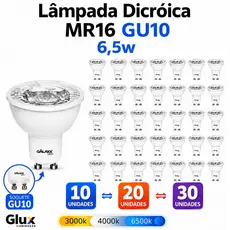 Kit Lâmpadas Led Dicróica MR16 6,5W GU10 Bivolt 6.5W - Escolha 3000k 4000k ou 6000k Pode Usar em Spots