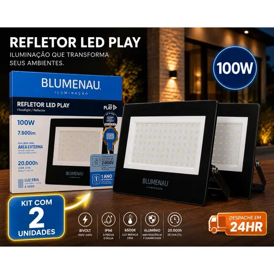 2 / 1 Refletores LED 100W Blumenau Alumínio Bivolt IP66 6500K 3000K Externo Prova D'Água AltaPotência Jardim Garagem