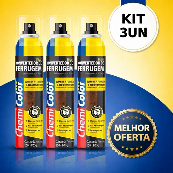 3 Unidades Convertedor De Ferrugem Chemicolor Spray 100ml Aplica Fácil