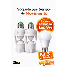 Kit 3 Sensor de Movimento INCLUSO LAMPADA 9W Soquete E27 c/ sensor de presença Bivolt 110V220V Max 60W