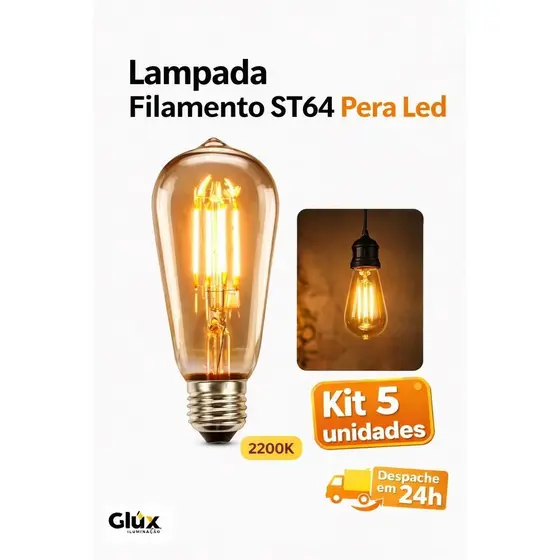 5 Unidades Lampada Filamento ST64 Pera 4W Vintage Retrô Decorativa E27 Lâmpada de Vidro Âmbar Bivolt 2200K BRANCO QUENTE
