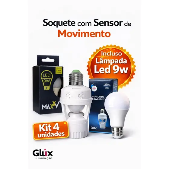 KIT 4 Kit Sensor de Movimento INCLUSO LAMPADA  Soquete E27 c/ sensor de presença Bivolt 110V220V Max 60W