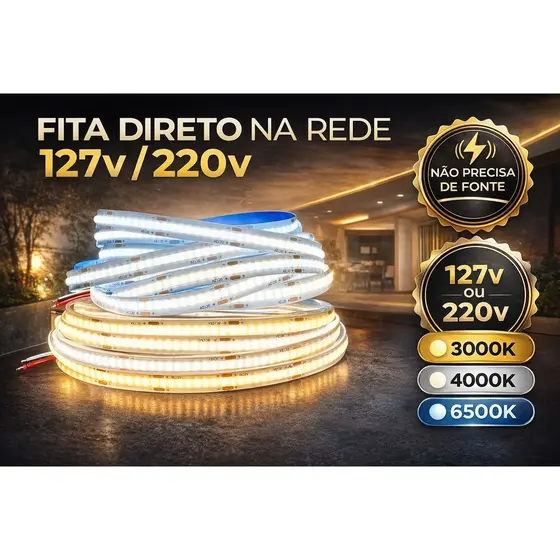 Fita Led Direta Na Rede Energia Cob 10 Metros 110v ou 220v IP20  Não Usa Fonte