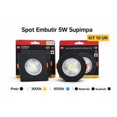 Kit 10 Spots Luminárias Led Preto Quadrado Redondo Embutir 3000k 4000K 6500k 5W/7W Bivolt 110v/220v Supimpa Gesso