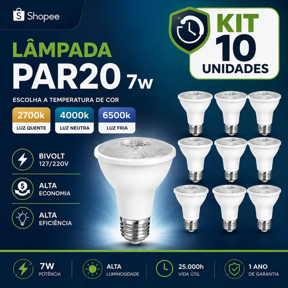 10 / 5  Lâmpadas Led PAR20 7W E27 38° Bivolt Direcional - Luz Branca, Luz Neutra ou Luz Amarela Brilho Intenso