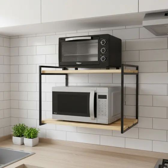 Suporte microondas forno 60cm air fryer impressora prateleira de parede cozinha nicho multiuso Pinus Metalon