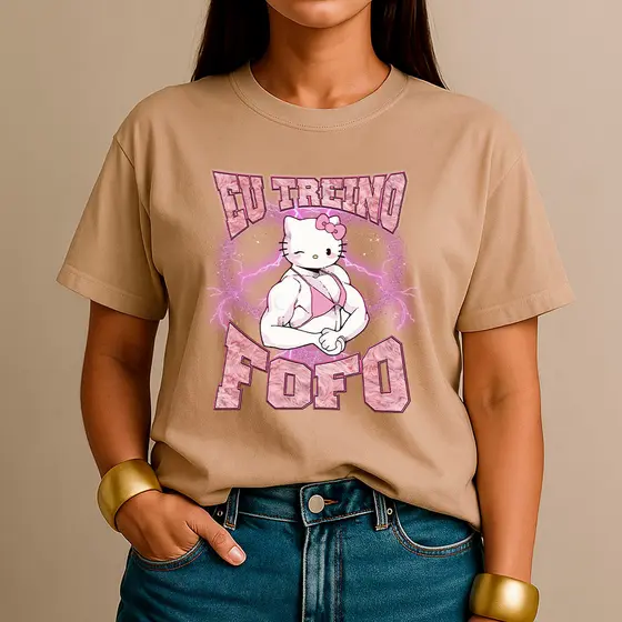Camiseta Feminina 100% Algodão Camisa Hello Kitty Treino Fofo Fitness Gym Casual Streetwear