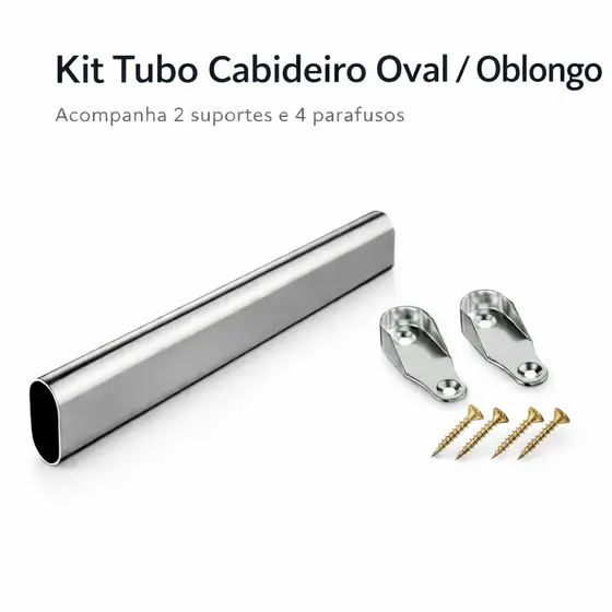 Tubo Cabideiro Oblongo Oval Com Suporte Guarda Roupa Kit de Montagem