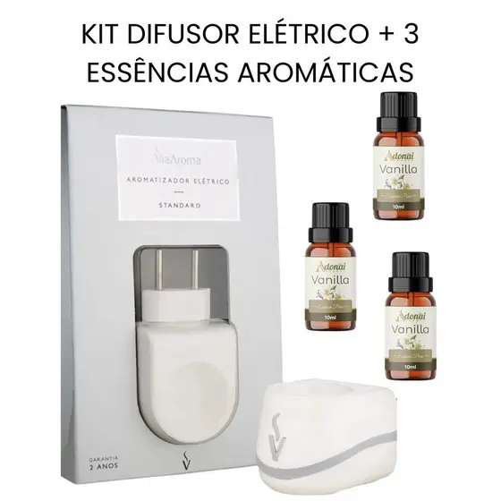 KIt Difusor Elétrico + 3 Essência Vanilla Baunilha Aroma Doce Casa Limpa