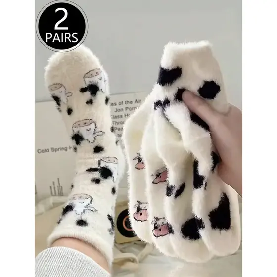 2 Pares de Meias de Pelúcia com Estampa de Vaca, Grossas e Quentes, Meias de Coral Fleece, Macias e Confortáveis, Adequa