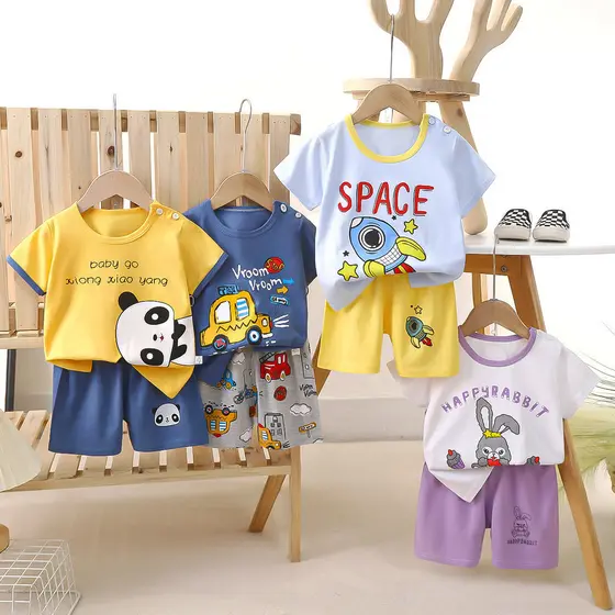 Conjunto infantil de algodão puro de manga curta, camiseta para meninos, roupa de verão para bebês, shorts para meninas,