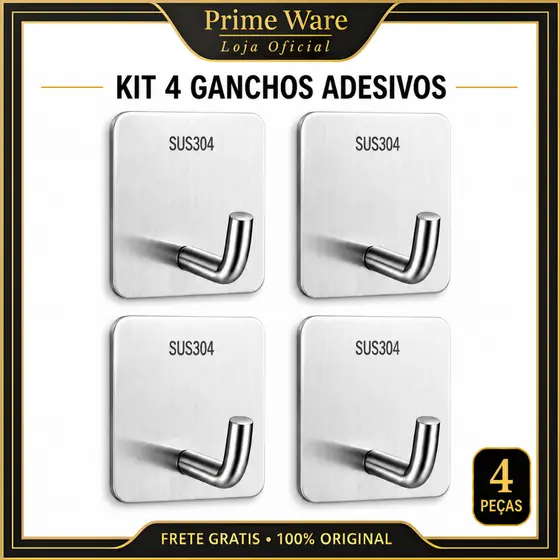 Kit 4 Gancho Adesivo Aço Inox 304 com Reforçado