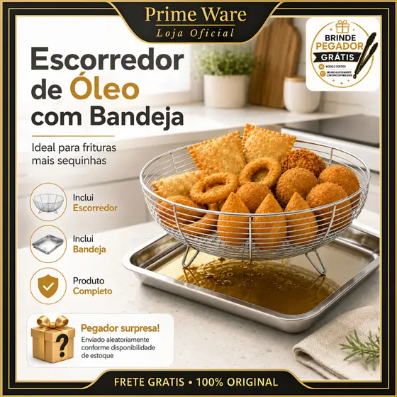 Bandeja com Escorredor de Óleo aço inox Fritura Multiuso Pastel Salgados - Pegador Grátis