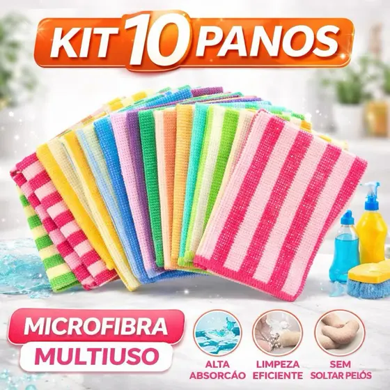 Kit 10 Pano de Microfibra Panos Para Limpeza P/ Banheiro Cozinha Multiuso Alta Absorção Mágico