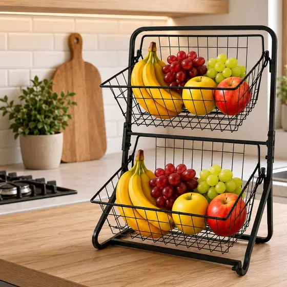 Fruteira de Cozinha Mesa Cesta Organizadora Multiuso Articulável de Metal Para Casa Decoração