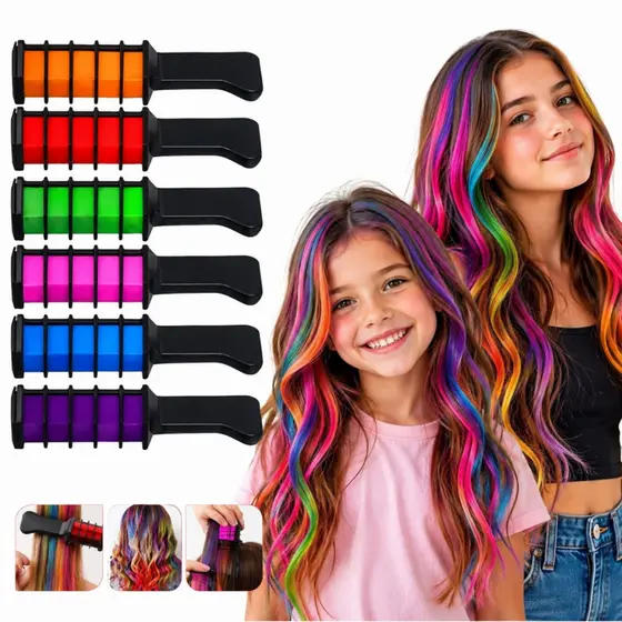Kit 6 Pentes Giz Coloridos Cabelo Festas Cosplay Escola Aniversarios Meninas Adolescentes
