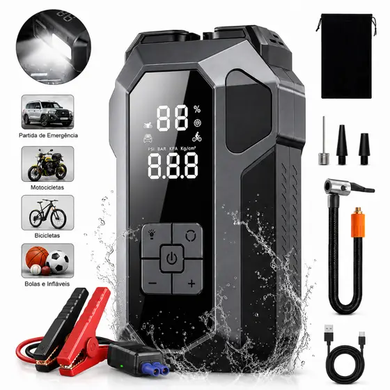 Auxiliar de Partida 12V Portátil com Power Bank 26800mAh, Compressor de Ar 150psi e Lanterna LED SOS