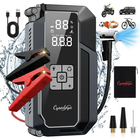 Auxiliar de Partida Veicular 3000A com Compressor de Ar Portatil 150 PSI e Carregador 8000mAh para Carros e Motos e SUVs