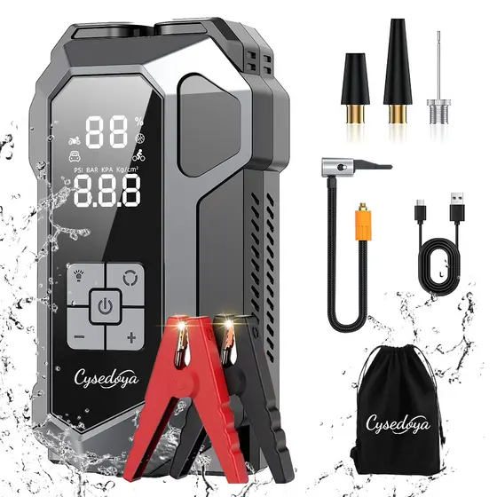 4 em 1 Auxiliar de Partida Portátil 26800mAh com Compressor de Ar, Carregador de Bateria para Carro e Lanterna LED SOS