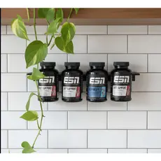 Suporte organizador de parede minimalista preto para múltiplos frascos de suplementos e vitaminas