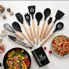 Kit Utensílios de Cozinha Silicone 12 Peças Resistente Antiaderente com Suporte Oferta