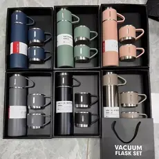 Kit Garrafa Térmica Vacuum Bottle 500ml Inox com 3 Copos Café Chá Presente Elegante
