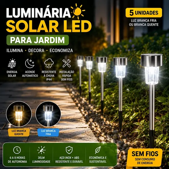Kit 5/10 Luminária Solar de Jardim com Espeto IP44 Luz Quente/Fria para Caminho e Paisagismo