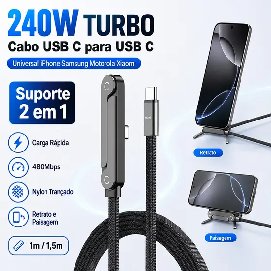 Cabo USB-C para USB-C 240W Turbo com Suporte Celular Dobrável 90 Graus Gamer