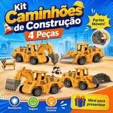 Kit Construção Infantil 4 Caminhões com Escavadeira Pá Frontal e Perfuradora