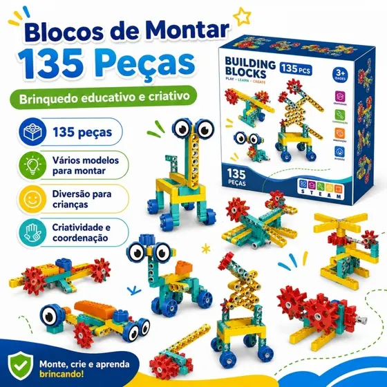 Blocos de Construção Técnica Infantil 135 Peças STEM DIY Educativo Motor Engrenagens Criatividade