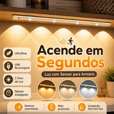 40/60/80cm Luminária LED para Armário Sensor de Movimento USB Recarregável Magnética 3 Cores