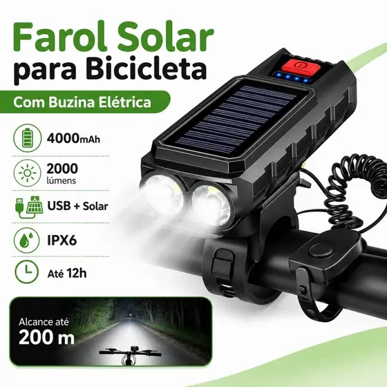 Lanterna Farol Bike Solar LED com Buzina 150dB 1500mAh Recarregável USB IPX6